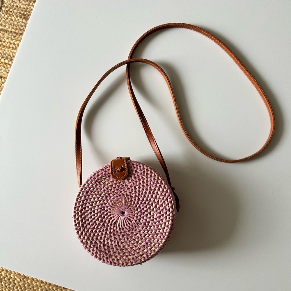 Round Rattan Wicker Woven Crossbody Bag Pink Boho